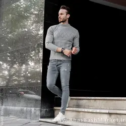 پلیور بافت یقه گرد مردانه طوسی مدل Yoram