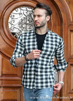 پیراهن چهارخانه مشکی سبز مدل 4560