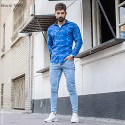 پیراهن چهار خونه آبی روشن مردانه مدل Siyam