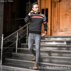 پلیور بافت راه راه طوسی مشکی مدل Hami