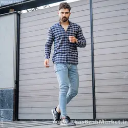 پیراهن چهار خونه آبی مردانه مدل Morik