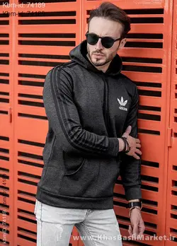 هودی مردانه طرح آدیداس آستین خط دار ذغالی مدل tekin