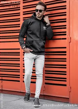 هودی مردانه طرح آدیداس آستین خط دار ذغالی مدل tekin