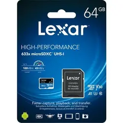 کارت حافظه‌ microSD لکسار (Lexar) مدل Lexar High-Performance کلاس 10 استاندارد UHS-I U3 سرعت 100 MBps ظرفیت 64 گیگابایت به همراه آداپتور SD