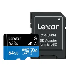 کارت حافظه‌ microSD لکسار (Lexar) مدل Lexar High-Performance کلاس 10 استاندارد UHS-I U3 سرعت 100 MBps ظرفیت 64 گیگابایت به همراه آداپتور SD