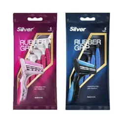 خودتراش چندبار مصرف سیلور SILVER مدل Rubber Grip آبی و صورتی بسته 5 عددی