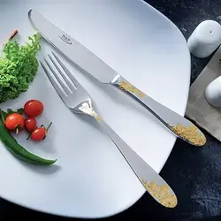 سرویس قاشق و چنگال ۹۸ پارچه ناب استیل طرح امپریال دورطلایی با جعبه کادویی