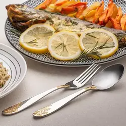 سرویس قاشق و چنگال ۹۸ پارچه ناب استیل طرح امپریال دورطلایی با جعبه کادویی