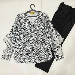 شومیز آستین نواری طرح ابر ریز سفید و مشکی