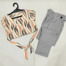 شومیز آستین واشری بلند طرح موج گلبهی و طوسی