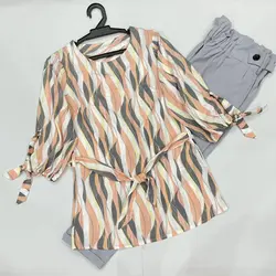 شومیز آستین واشری بلند طرح موج گلبهی و طوسی