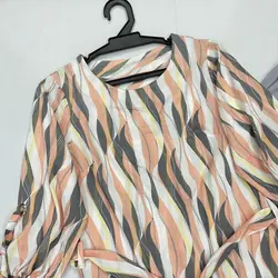 شومیز آستین واشری بلند طرح موج گلبهی و طوسی