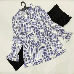 شومیز بلند یقه چین خط موازی بنفش