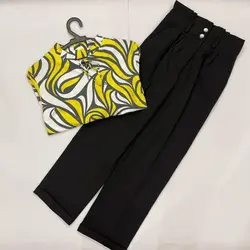 شومیز بلند یقه چین موج زرد و مشکی