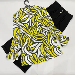 شومیز بلند یقه چین موج زرد و مشکی