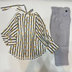 کیمونو طرح راه راه طوسی قلب زرد