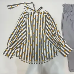 کیمونو طرح راه راه طوسی قلب زرد