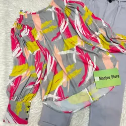 شومیز آستین سه دکمه طرح قلمو نقاشی طوسی