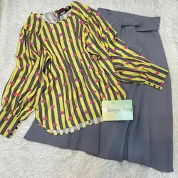 شومیز آستین سه دکمه طرح قلب راه راه صورتی زمینه زرد