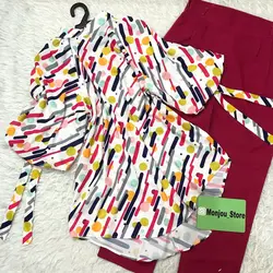 شومیز آستین پفی طرح خط و توپ رنگی