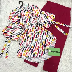 شومیز آستین پفی طرح خط و توپ رنگی