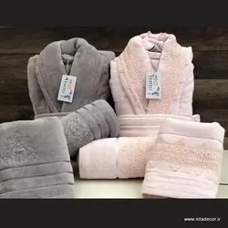 ست حوله گیپوردار ترک طوسی صورتی روشن