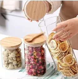 خرید بانکه شیشه ای با درب چوبی - نیلادکور