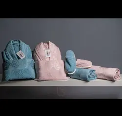 ست حوله دو نفره کلارا بژ و آبی آسمانی سیر