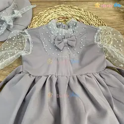 ست کلاه و پیراهن مجلسی دخترانه آستین توری پارچه مازاراتی - نی نی استار | فروشگاه اینترنتی لباس کودک