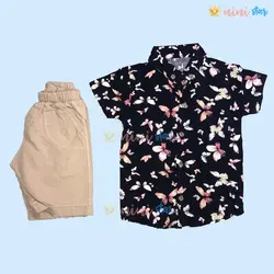 ست پیراهن هاوایی و شلوارک کتان پسرانه طرح پروانه - نی نی استار | فروشگاه اینترنتی لباس کودک