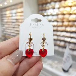 گوشواره زنانه آویز ژوپینگ نگین سواروسکی مدل قلب قرمز