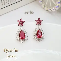 گوشواره زنانه آویز ژوپینگ نگین یاقوتی مدل گل