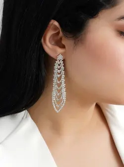 گوشواره زنانه مجلسی فول نگین نقره ای کد RS-726