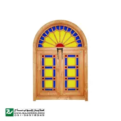 پنجره چوبی سنتی اُرُسی شیشه رنگی صنایع چوب ساج مدل W201 | پنجره اُرُسی گره چینی مشبک