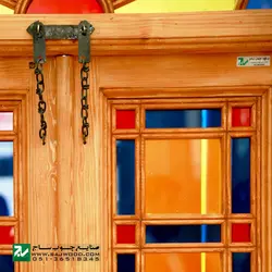 پنجره چوبی سنتی اُرُسی شیشه رنگی صنایع چوب ساج مدل W201 | پنجره اُرُسی گره چینی مشبک