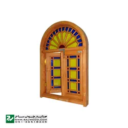پنجره چوبی سنتی اُرُسی شیشه رنگی صنایع چوب ساج مدل W201 | پنجره اُرُسی گره چینی مشبک