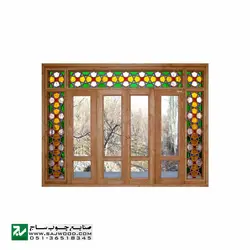 پنجره سنتی چوبی اُرُسی شیشه رنگی صنایع چوب ساج مدل W202 | پنجره ارسی گره چینی مشبک