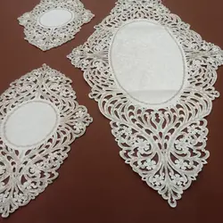 رومیزی مخمل ملیله دوزی بیضی سه تکه طرح دانتل کار دست