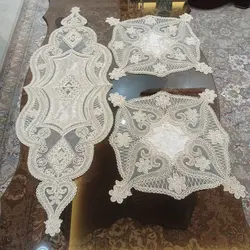 رومیزی مخمل دانتل جدید ترک مدل قلبی سه تکه با عسلی مربع