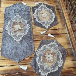 رومیزی مخمل دانتل جدید رانر دار گل برجسته منگوله دار