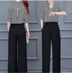 ست شومیز شلوارکرپ سفید مشکی راه راه