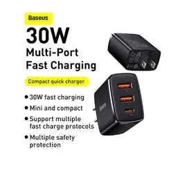 شارژر دیواری سریع بیسوس Baseus 30W Compact Quick Charger 2U+C CN CCXJ-C01