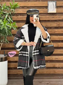 پالتو چهارخونه یقه خز کد 2064 شیک و خاص در مجموعه ونوس مد