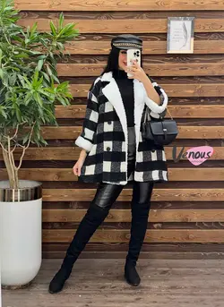 پالتو چهارخونه یقه خز کد 2064 شیک و خاص در مجموعه ونوس مد