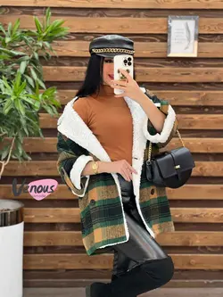 پالتو چهارخونه یقه خز کد 2064 شیک و خاص در مجموعه ونوس مد