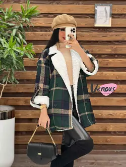 پالتو چهارخونه یقه خز کد 2064 شیک و خاص در مجموعه ونوس مد