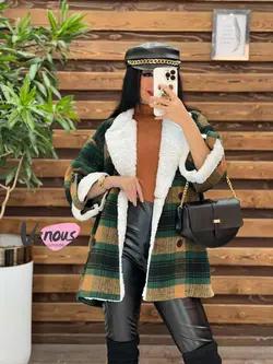 پالتو چهارخونه یقه خز کد 2064 شیک و خاص در مجموعه ونوس مد