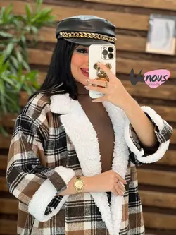 پالتو چهارخونه یقه خز کد 2064 شیک و خاص در مجموعه ونوس مد