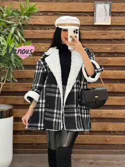 پالتو چهارخونه یقه خز کد 2064 شیک و خاص در مجموعه ونوس مد