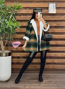 پالتو چهارخونه یقه خز کد 2064 شیک و خاص در مجموعه ونوس مد